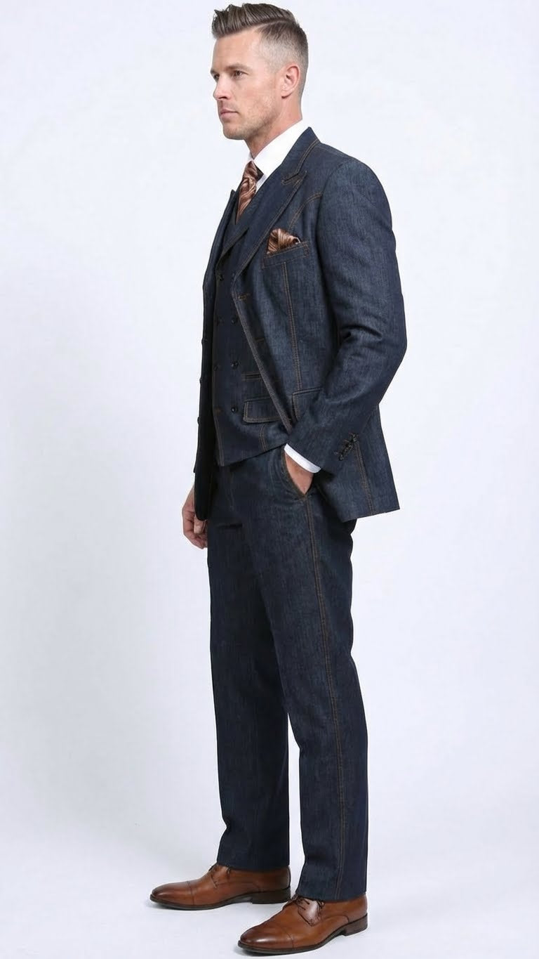 Mens Dark Denim Blue Fabric Suit Classic Three Piece Denim Suit for Wedding, Party and Formal Events