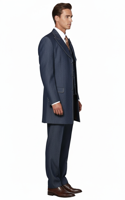 Men's dark blue Alberto Nardoni denim three-piece suit. Textured pattern, tailored coat with notched lapels, waistcoat, and straight-leg trousers for a cohesive look.
