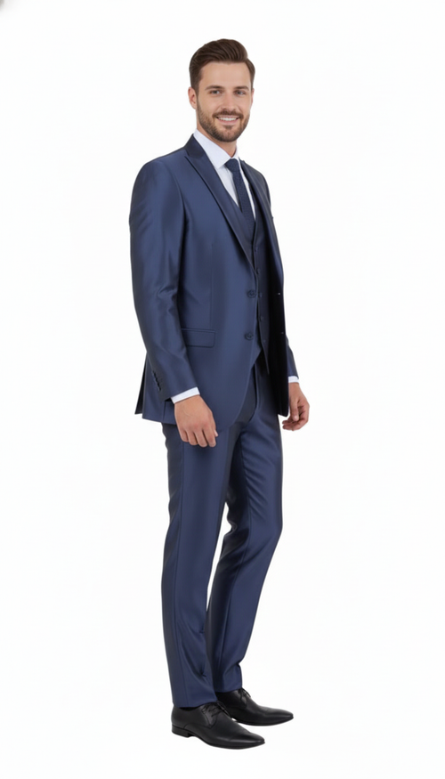 Navy 3-piece suit set with a glossy finish: jacket (notched lapels, pockets), matching trousers (straight-leg), and vest (buttons, pockets). Fitted silhouette, structured shoulders, slim cut.