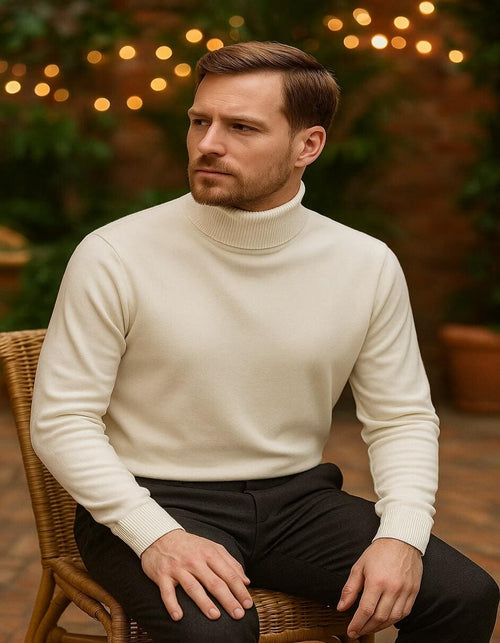 Men's Ivory Turtleneck Sweater – Classic Slim Fit Knit Pullover for Winter Elegance - Cream