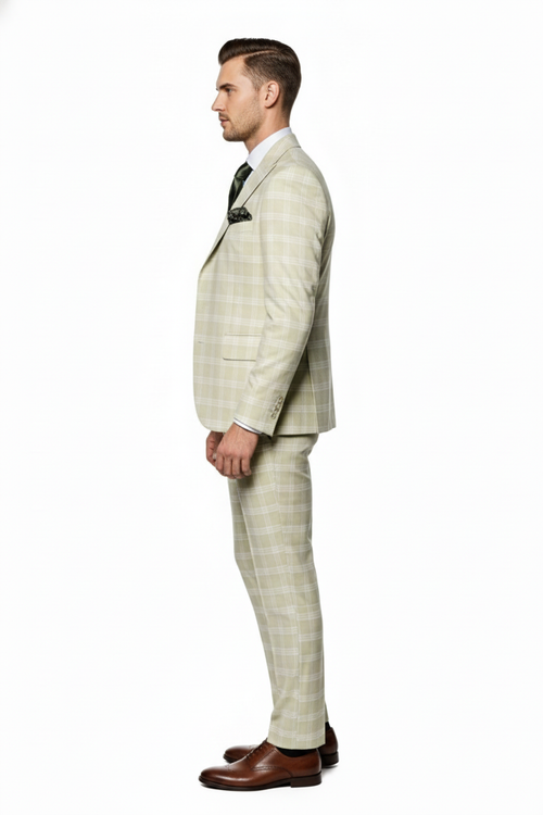 Light beige check 3-piece suit for men. Structured blazer with notched lapel, matching trousers & waistcoat. Features light check pattern, pocket square, and brown dress shoes.