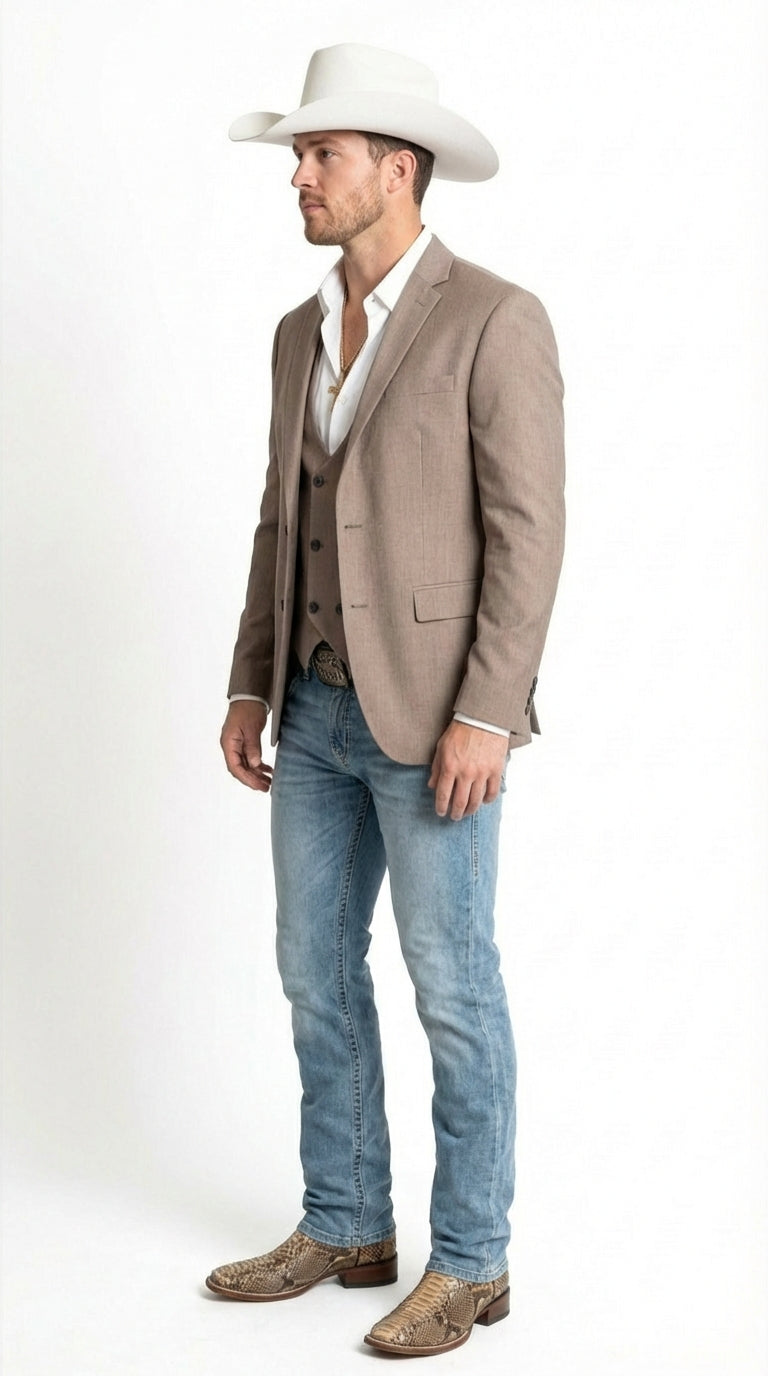 Men’s Beige Cowboy Blazer with Double breasted Vest – Western Two Piece Suit Pants included
