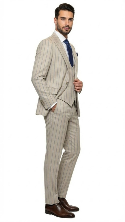 Men's beige three-piece suit with blue pinstripes. Includes fitted jacket (two pockets), waistcoat, and tailored trousers. Lightweight, structured fabric.
