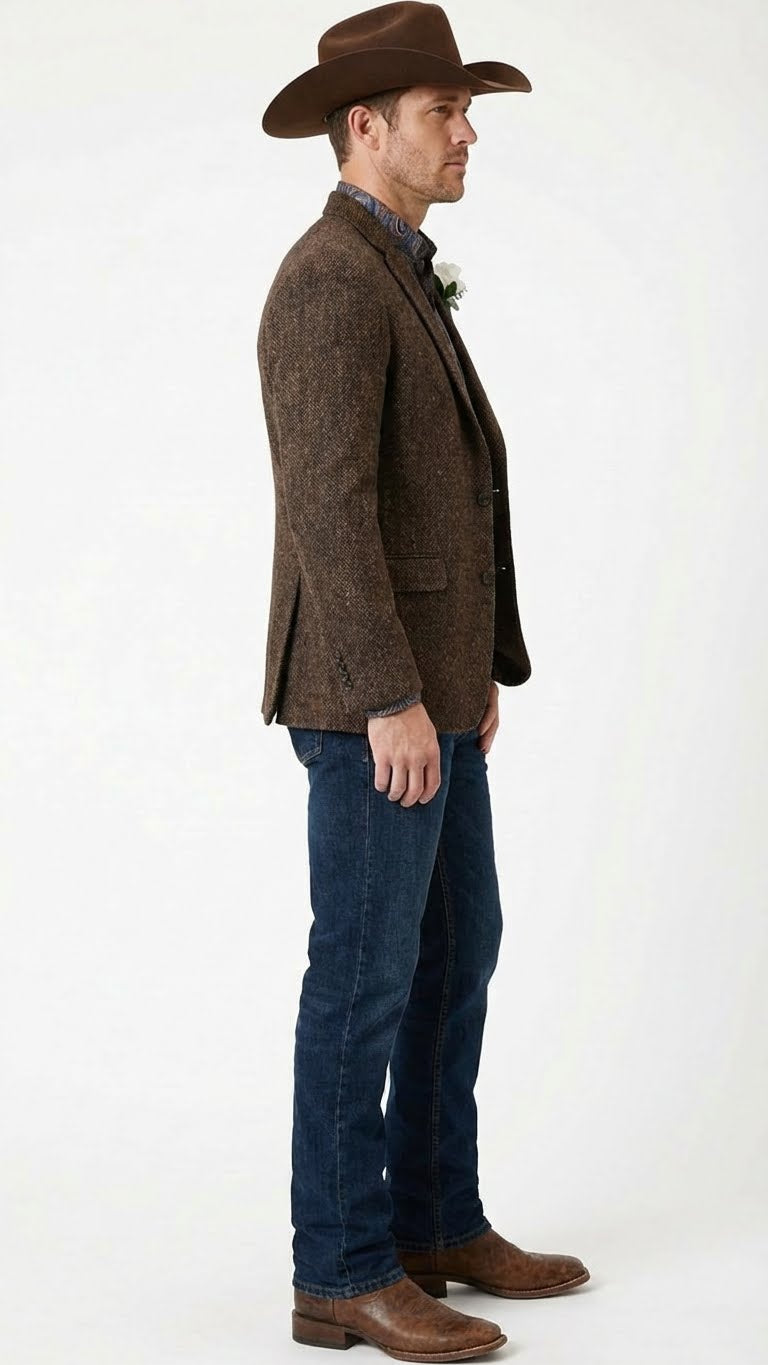 Mens Brown Western Tweed Herringbone Blazer Jacket Classic Cowboy Style Sport Coat for Wedding Party