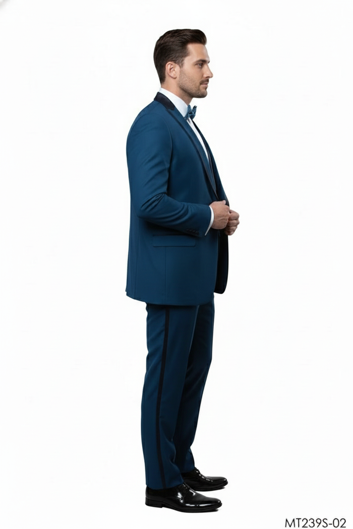 Teal blue three-piece men's tuxedo. Fitted jacket with single-breasted design, notched lapel with black accents. Matching trousers and vest. Smooth fabric, solid teal color, sleek silhouette.
