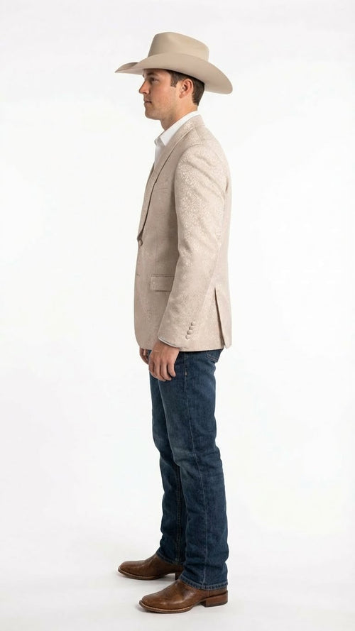 Menâ€™s Tan Khaki Beige Cream Champaign Paisley Western Blazer Jacket, Embossed Dress Sport Coat for Wedding Party Rodeo Style