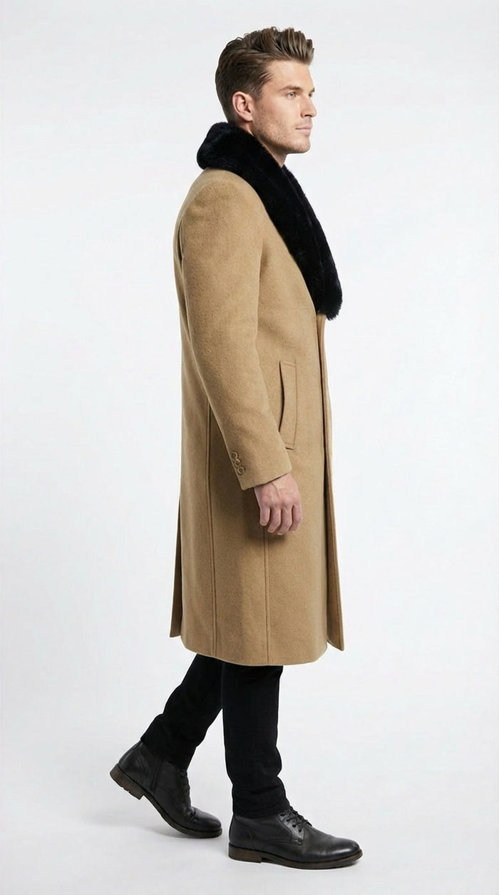 Mens Camel Tan Long Overcoat with Black Faux Fur Collar - Wool Topcoat Three if not Full length