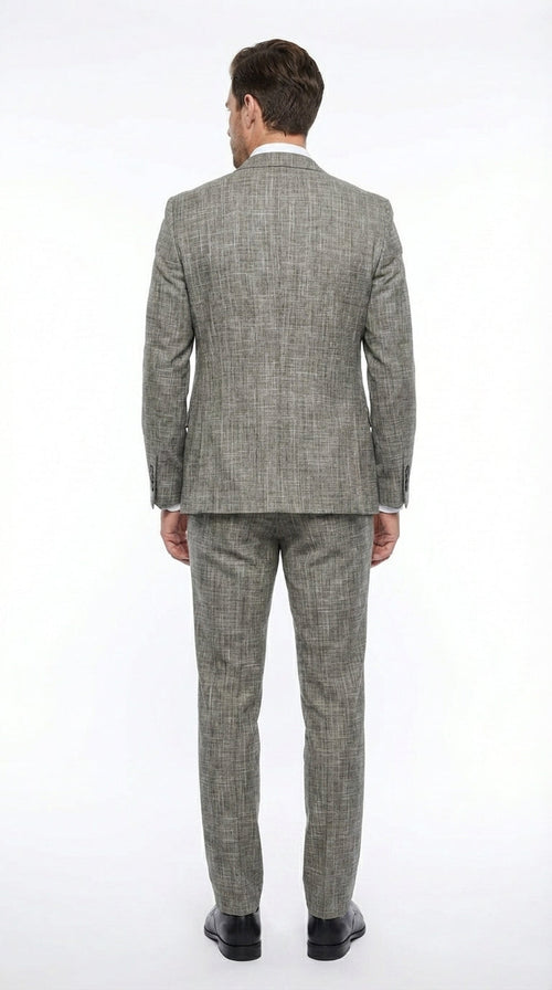 Vitali Brand Men’s Grey Textured Patterned 3 Piece Suit – Modern Fit Checkered Sharkskin with Blazer, Vest & Trousers, Business Wedding