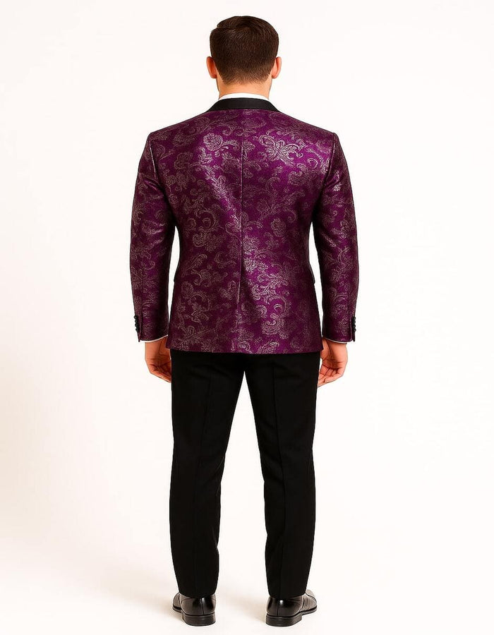 Men's Pinkish ~ Purple Paisley Tuxedo Jacket with Black Satin Lapel â€“ Formal Prom and Wedding Blazer in Meganta Color