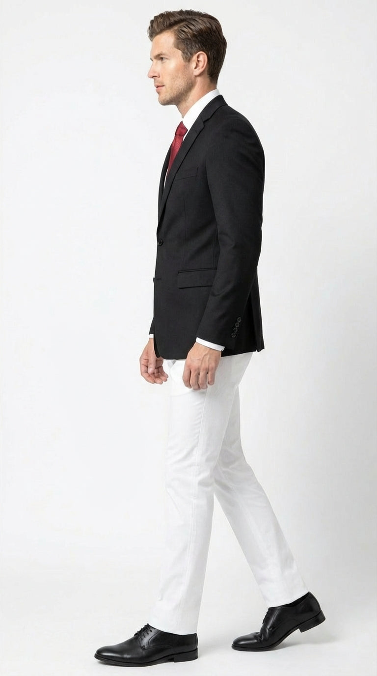 Menâ€™s Solid Black Two Button Suit Jacket Blazer With White Pants | Black Blazer Sport Coat