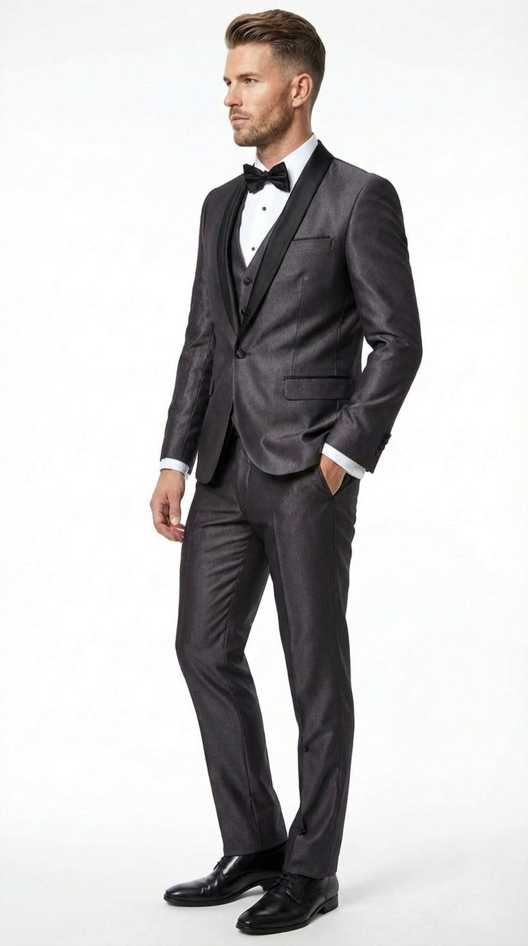 Mens Shiny Sateen Charcoal Gray Tuxedo 3 Piece Suit with Black Shawl Lapel | Formal Wedding Prom Suit Sharkskin