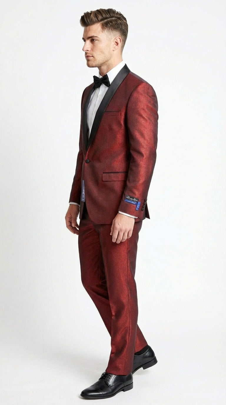 Mens Shiny Burgundy Satin Tuxedo Jacket with Black Shawl Lapel | Formal Wedding & Prom Blazer - Sharkskin Fabric