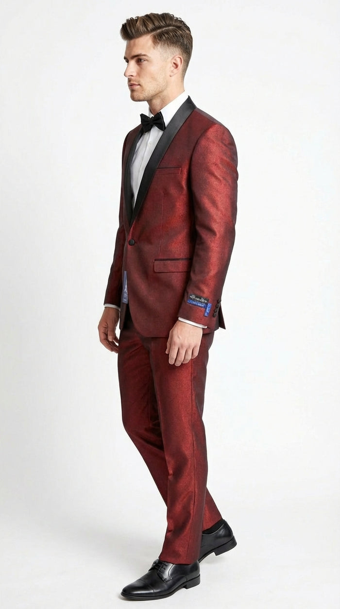 Mens Shiny Burgundy Satin Tuxedo Jacket with Black Shawl Lapel | Formal Wedding & Prom Blazer - Sharkskin Fabric
