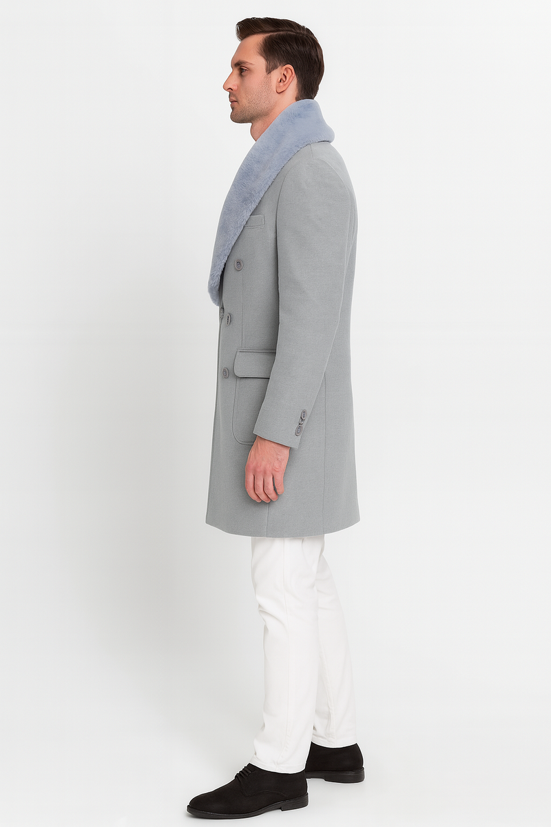 Men's light grey wool double-breasted overcoat with faux fur shawl collar, structured fit, and side flap pockets.
