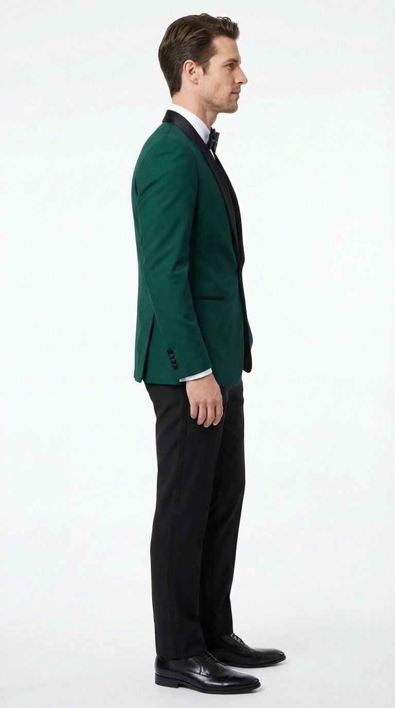 Men’s Emerald Green Tuxedo Jacket with Black Satin Shawl Lapel | Prom Dinner Blazer