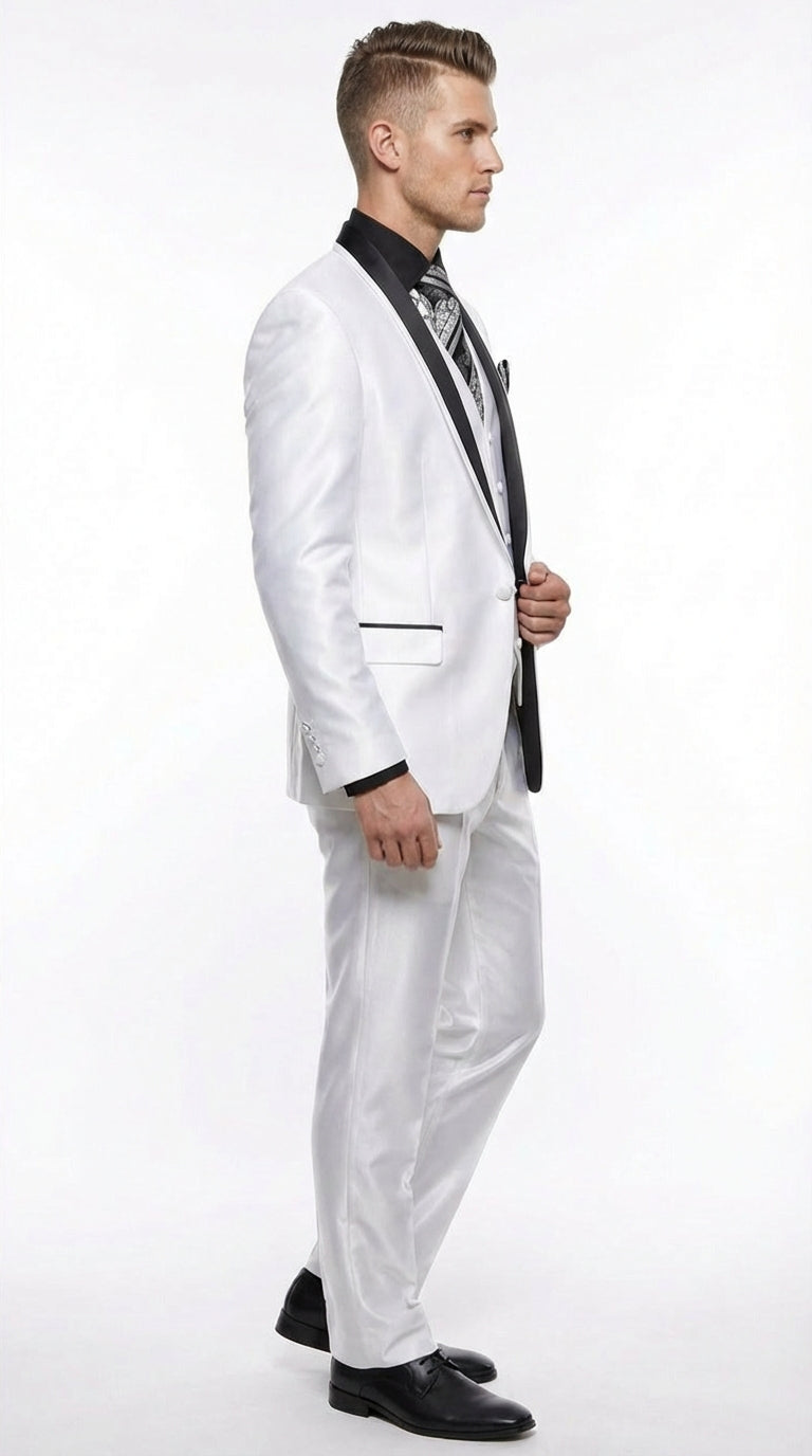 Men’s White Shiny Flashy Fabric Tuxedo Suit with Black Shawl Lapel | Luxury Formal Wedding and Evening Suit Sharkskin Metallic Fabric