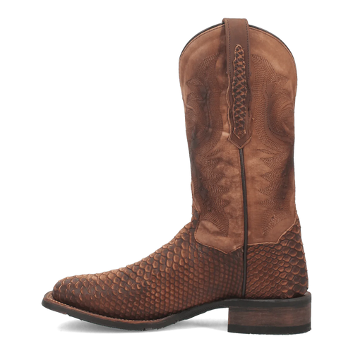 Dan Post men's boots: Brown leather with python print and intricate stitching. Square toe, stacked heel. Distinctive textured pattern on lower portion and shaft.
