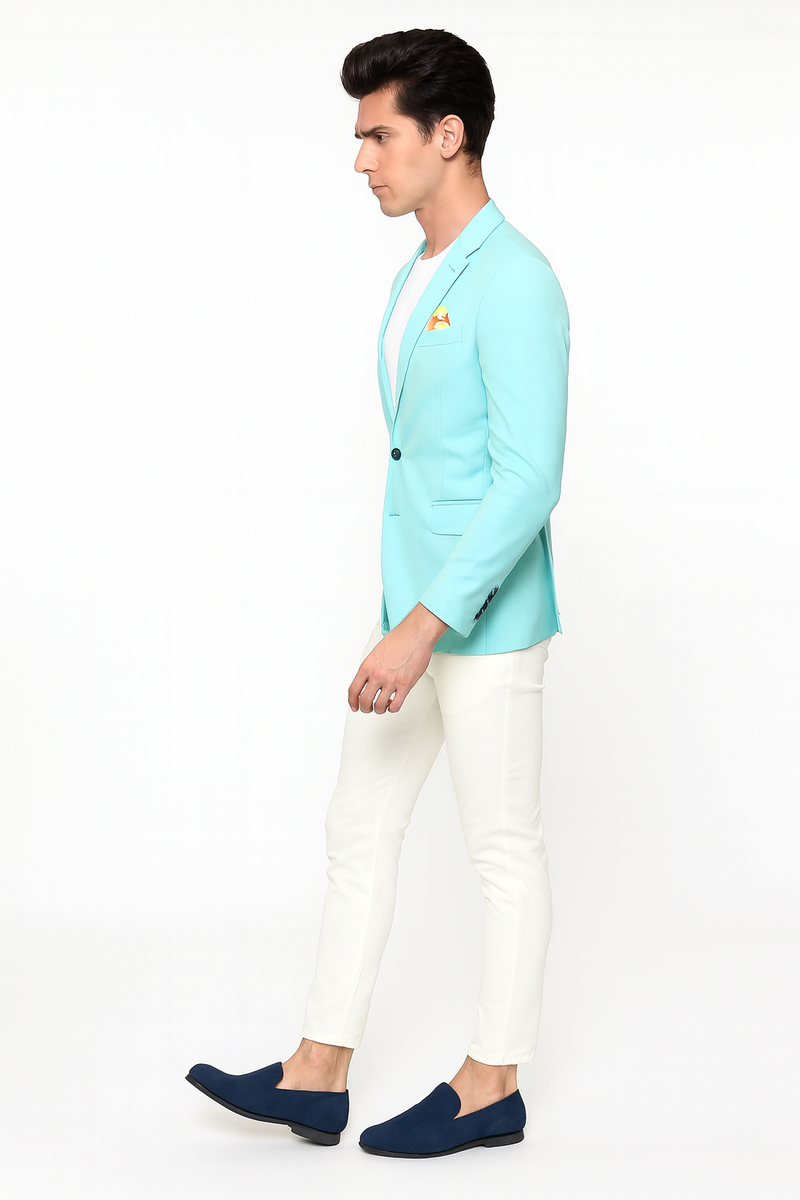 Men's aqua slim-fit blazer. Light turquoise color with a one-button closure. Stylish floral inner lining accents edges and cuffs.
