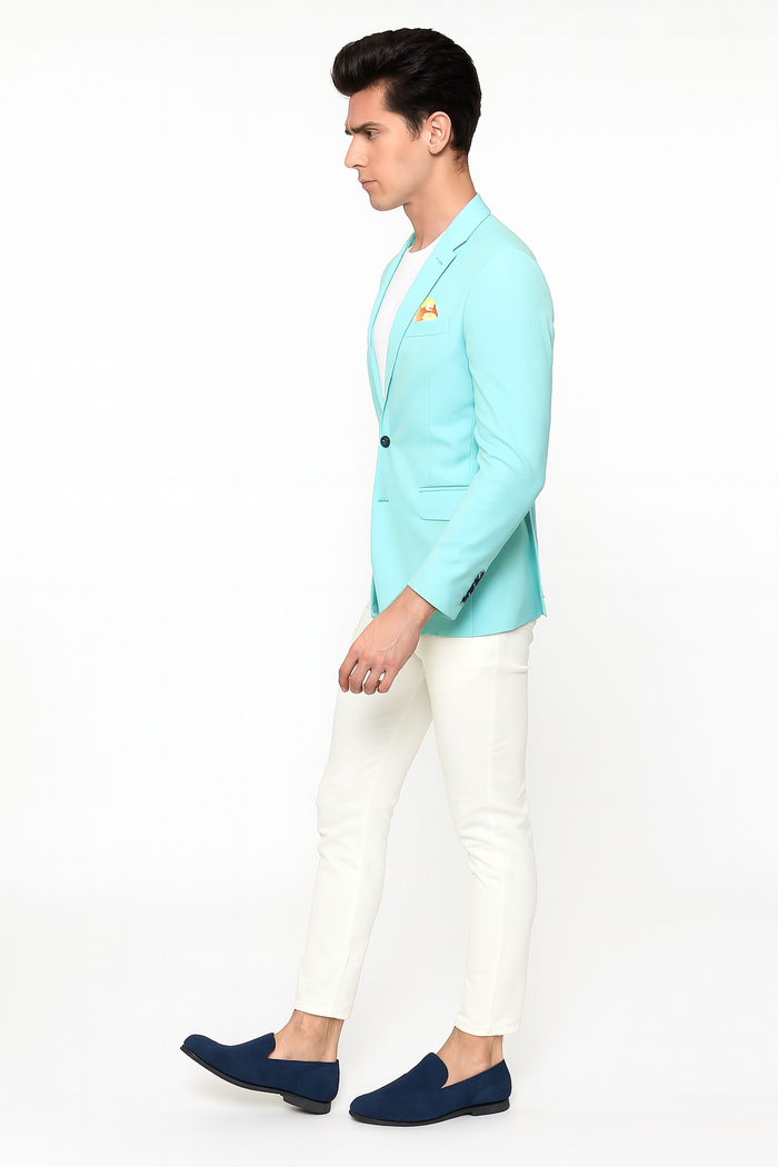 Men's aqua slim-fit blazer. Light turquoise color with a one-button closure. Stylish floral inner lining accents edges and cuffs.
