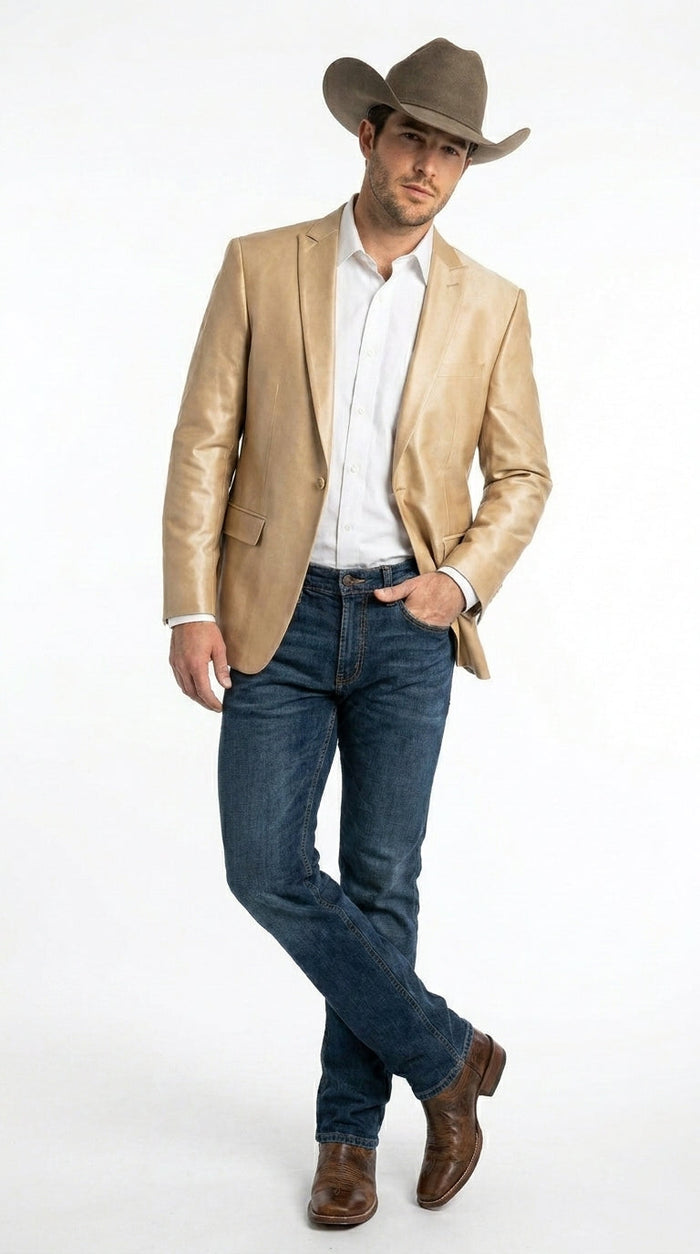 Men’s Champagne Gold Western Blazer, Formal Cowboy Wedding Ranch Sport Coat Jacket tan beige color sheen sharkskin fabric