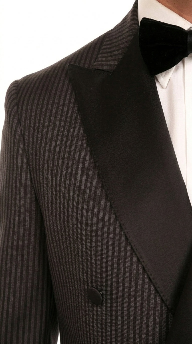 Men’s Double Breasted Suit – Classic Peak Lapel Formal Tuxedo Style Suit for Wedding in Black Ton on Tone Pinstripe