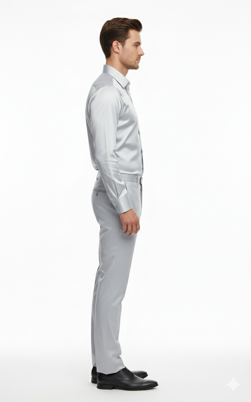 Men's silver satin dress set: slim fit, long-sleeved shirt with a collared neckline. Straight-cut pants. Made of silk-like material for a smooth, reflective look. Luxurious and tailored.
