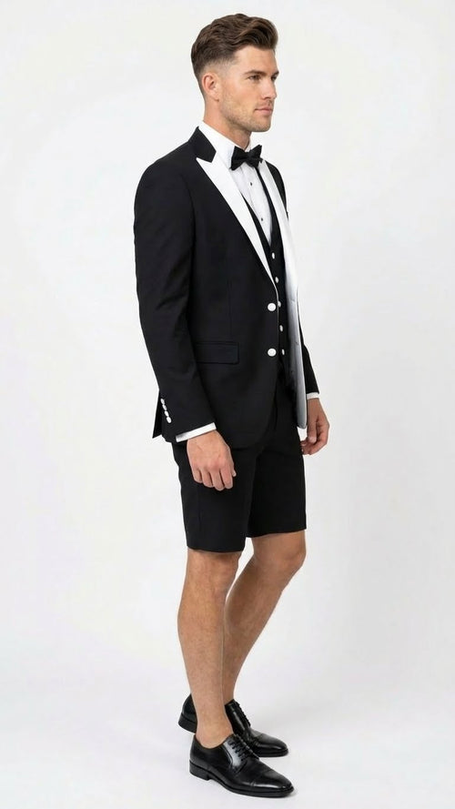 Menâ€™s Black and White Tuxedo Shorts Suit â€“ Modern Formal Tuxedo with Short Pants for Wedding, Party and Special Events