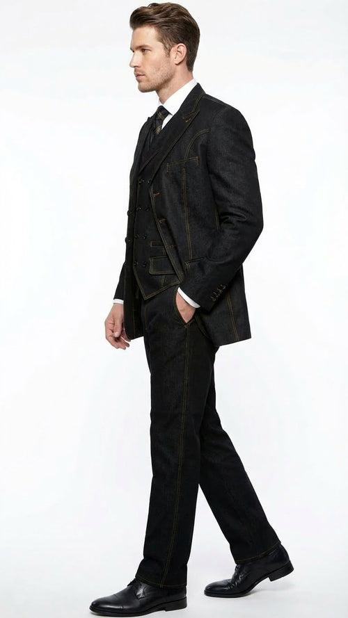 Men's Black Denim Fabric Suit – Classic Three Piece Denim Suit for Wedding, Prom and Church Wear