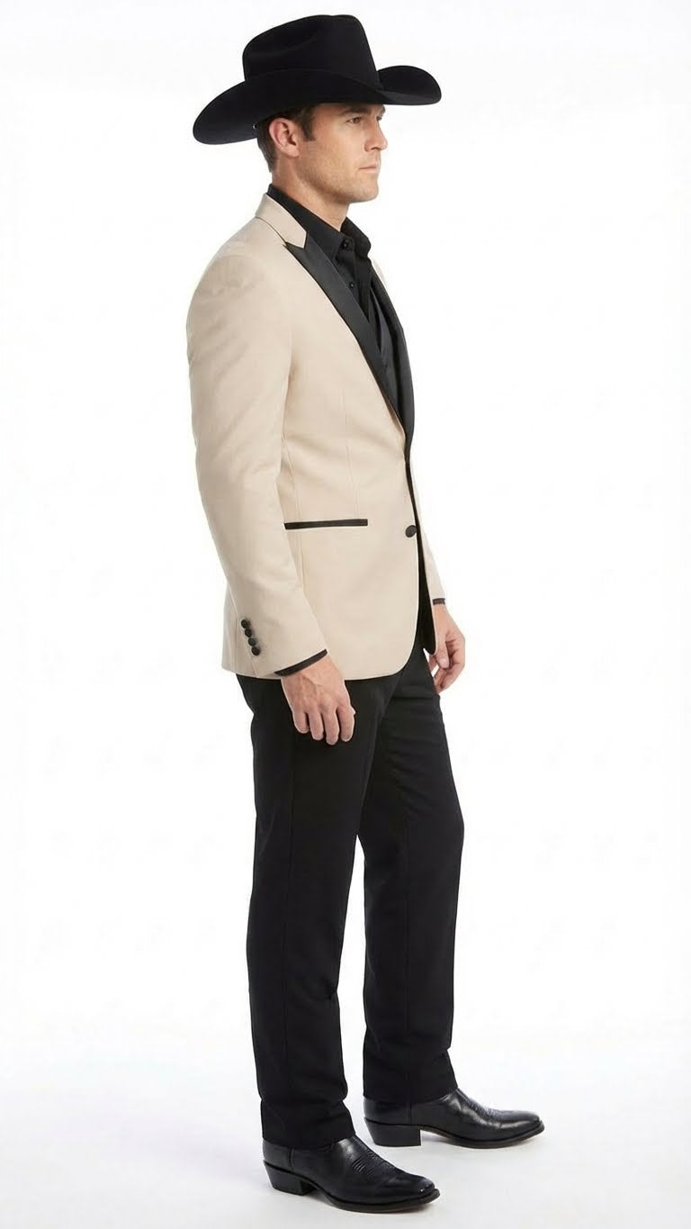Men's Light Tan and Black Lapel Western Tuxedo Suit Set Wedding Party Cowboy Dress Tuxedo Black Pants