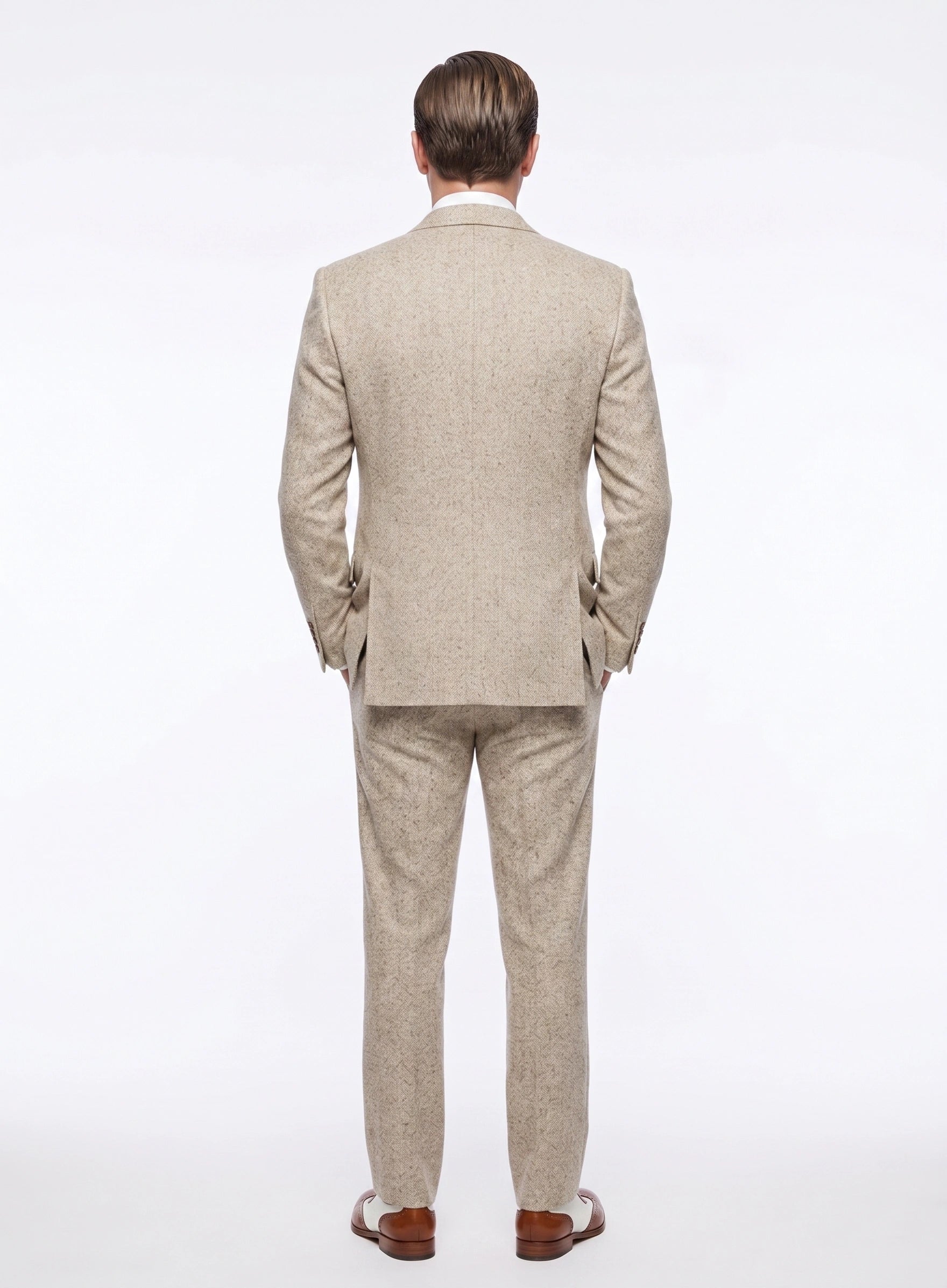 Men’s Light Tan Tweed Great Gatsby 3 Piece Suit – Vintage Vested Wedding Suit, 1920s Classic Formal Outfit Herringbone