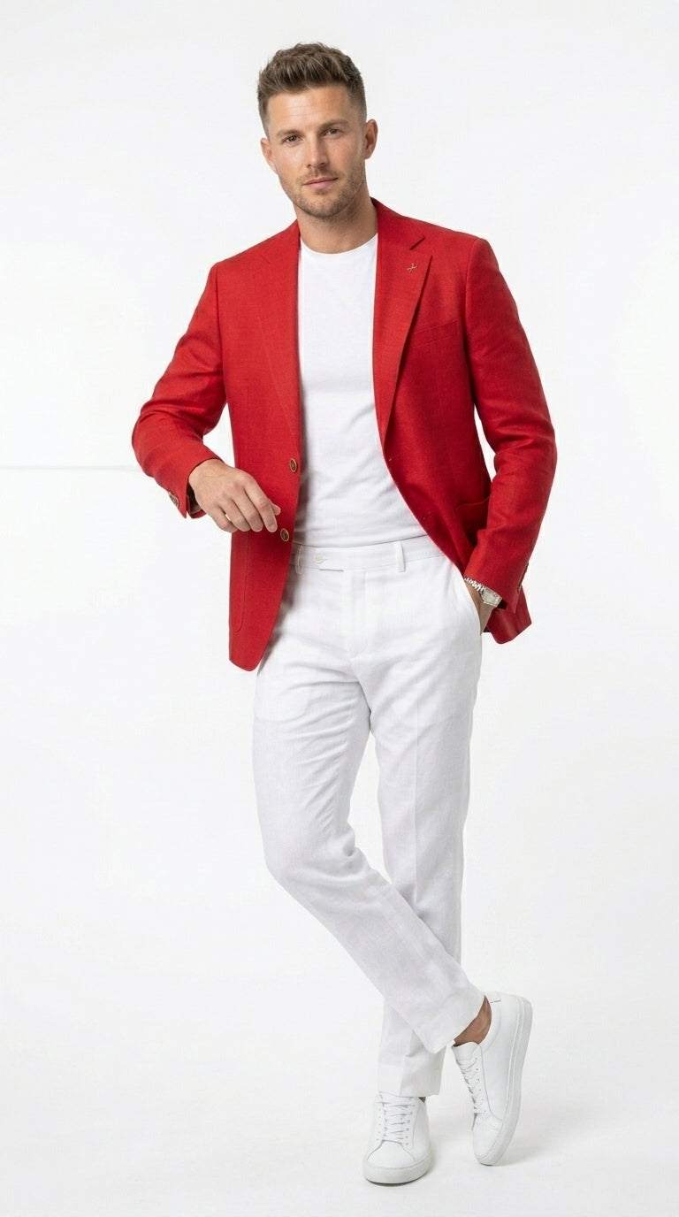 Men’s Red Linen Blazer, Lightweight Business Casual Wedding Sport Coat Jacket