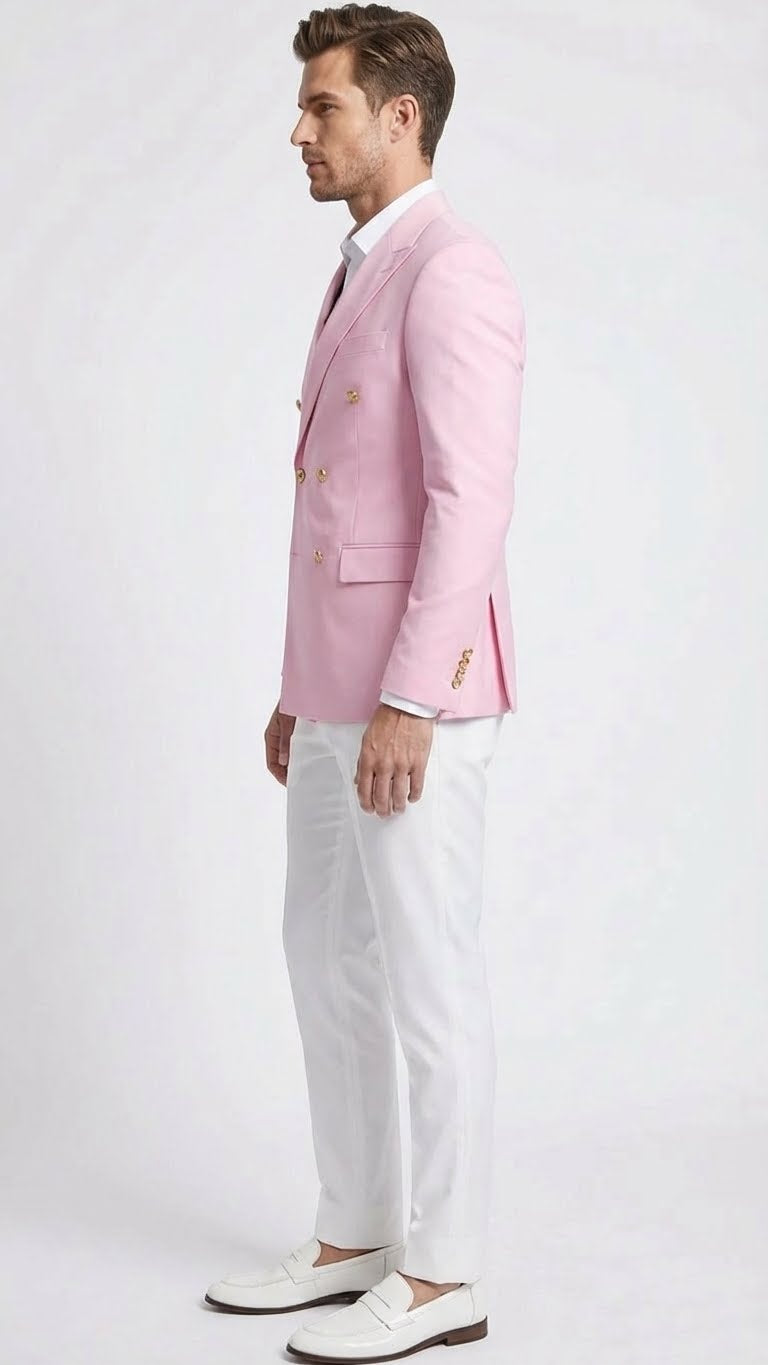 Men’s light pink double-breasted blazer features a tailored fit with two rows of gold-button closures, notched lapels, and side pockets. The fabric appears smooth and lightweight.