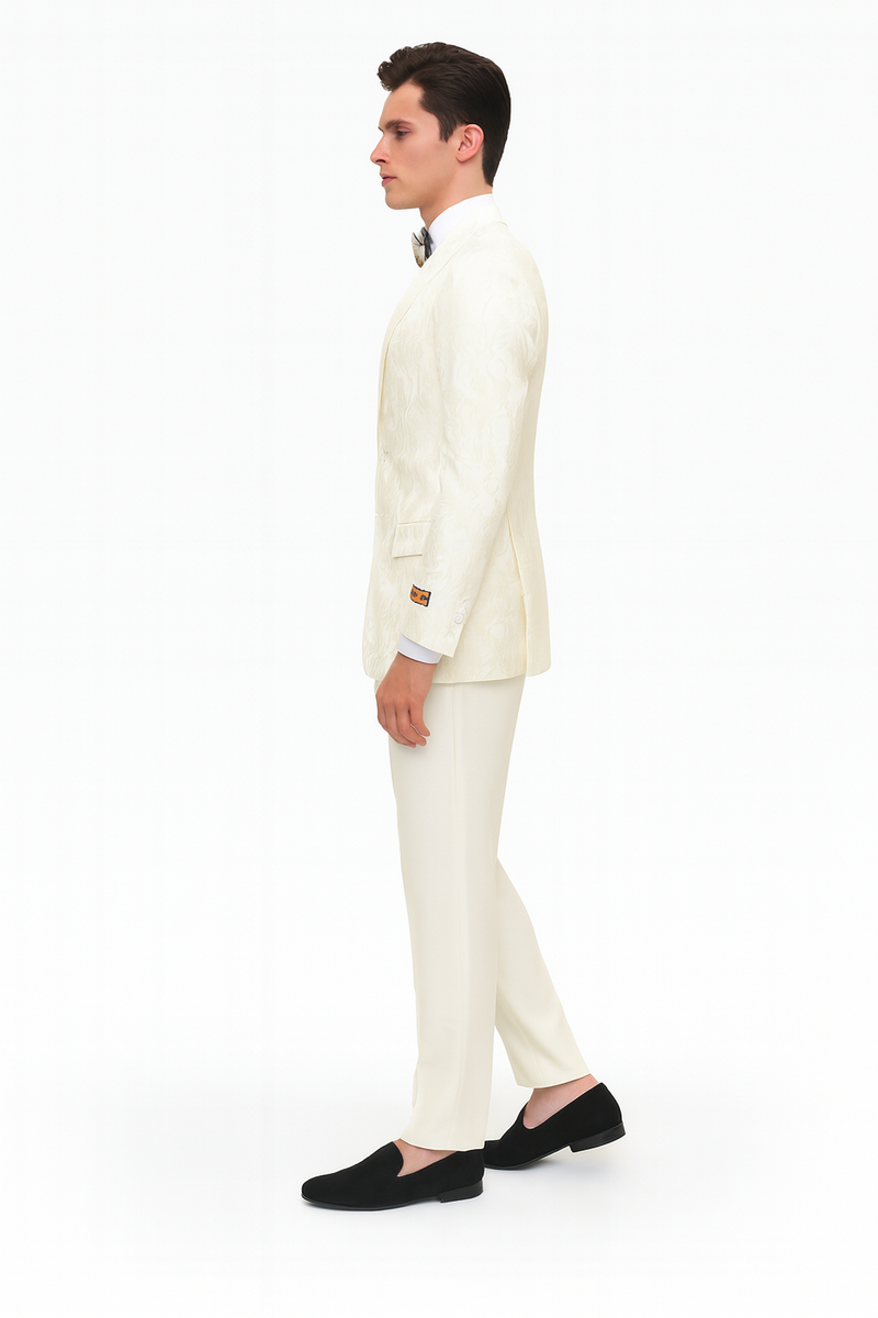 Ivory tuxedo jacket for men, cream color with floral embroidery. Tailored fit. Includes ivory pants. Stylish and elegant.
