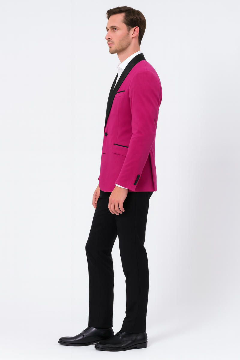 Fuchsia tuxedo blazer with black satin lapel, single-breasted design. Contrasting color with black pants, structured fit.
