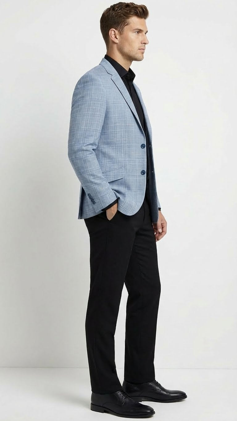 Men's big & tall light blue checkered blazer. Tailored fit, structured shape, lightweight fabric. Light blue with darker checkered pattern. Two buttons, notched lapels. Smooth finish on sleeves/front.
