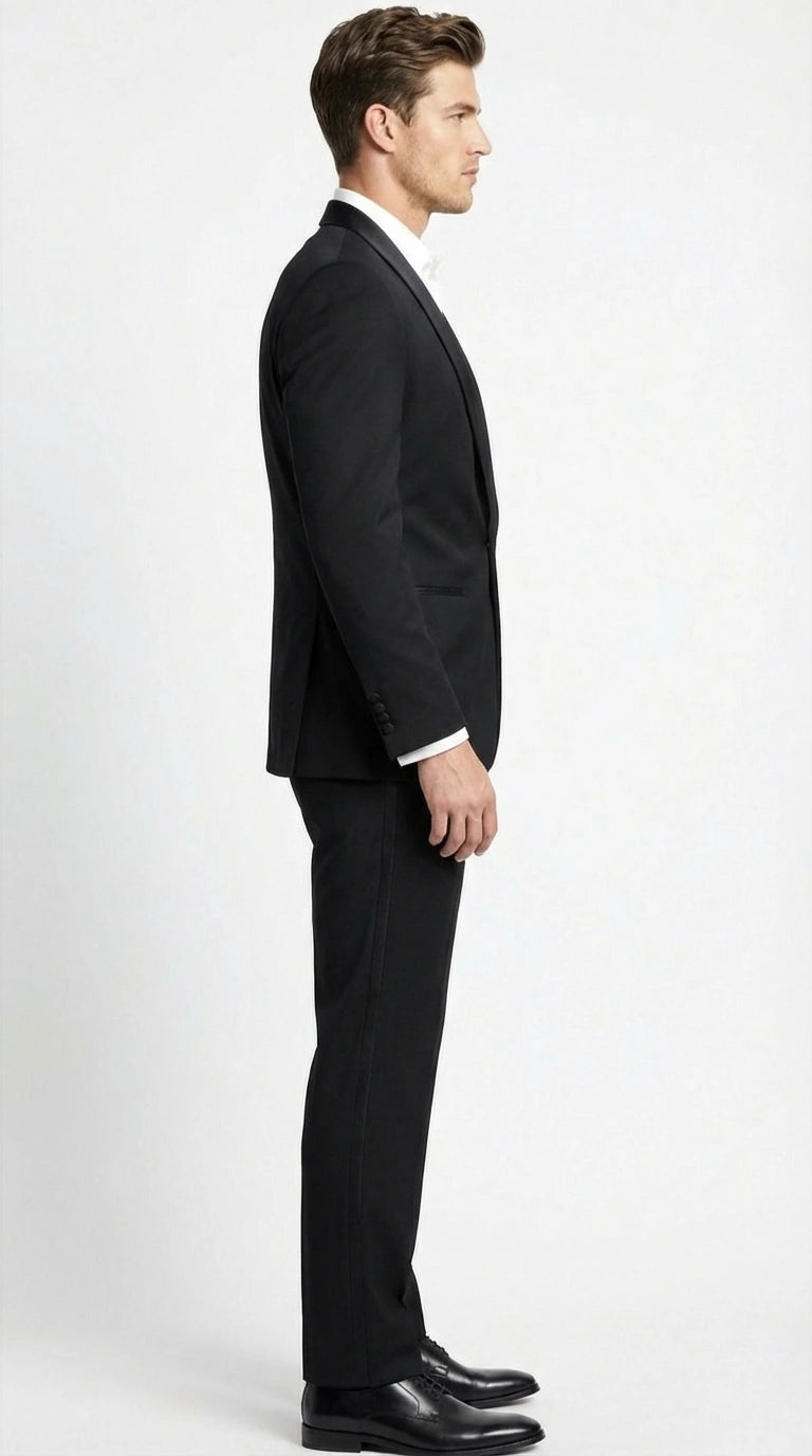 Tiglio Designer Men’s Black Single Button Tuxedo Suit – Formal Black Business and Wedding Suit Shawl Collar  Super 150's Wool Fabric