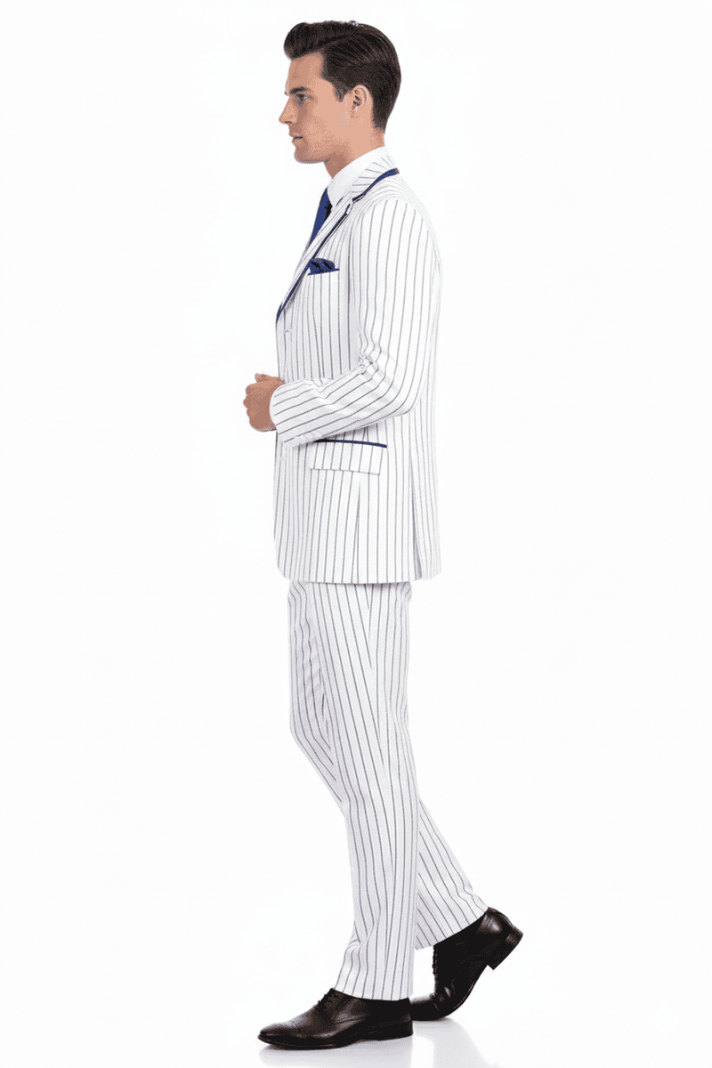 Men's three-piece suit: white & royal blue pinstripes. Classic fit blazer w/ notched lapel, matching vest, slim-fit pants, and tie. Smooth, structured fabric. Formal appearance.
