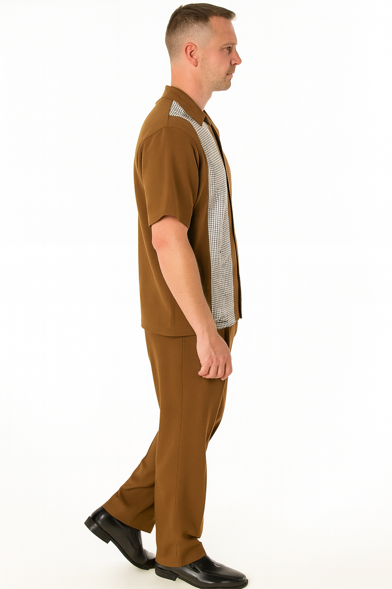 Men's cognac tan two-piece outfit: short-sleeve shirt with contrasting panel, and tailored pants. Soft, smooth material. Shirt is solid tan with a textured side, pants are straight cut and slightly tapered.
