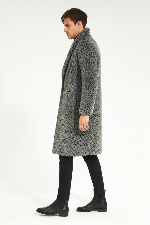 Men's luxury grey faux fur coat. Knee-length, straight fit. Animal print: dark spots on light grey. Wide collar, long sleeves. Plush, grey tones.
