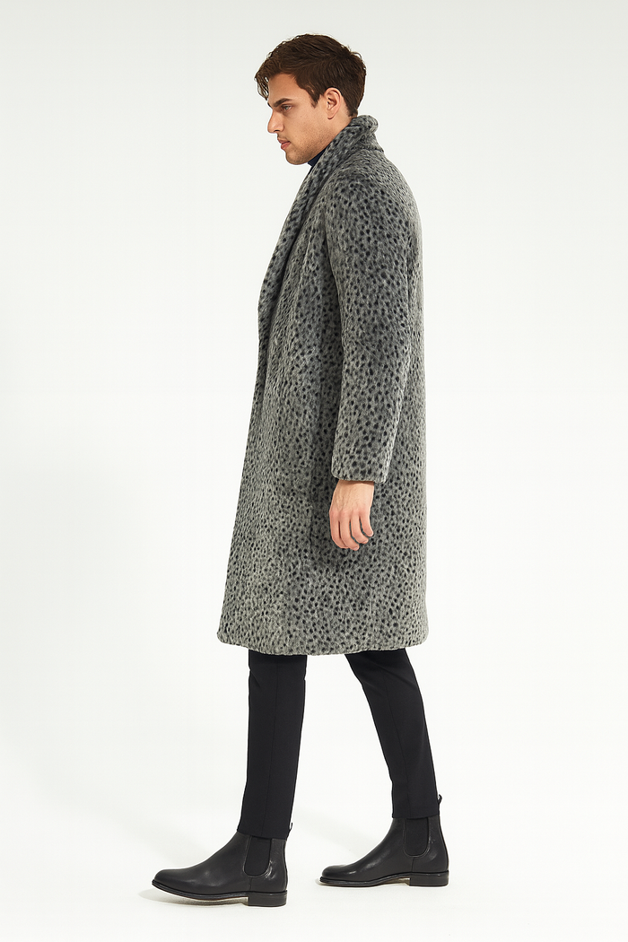 Men's luxury grey faux fur coat. Knee-length, straight fit. Animal print: dark spots on light grey. Wide collar, long sleeves. Plush, grey tones.
