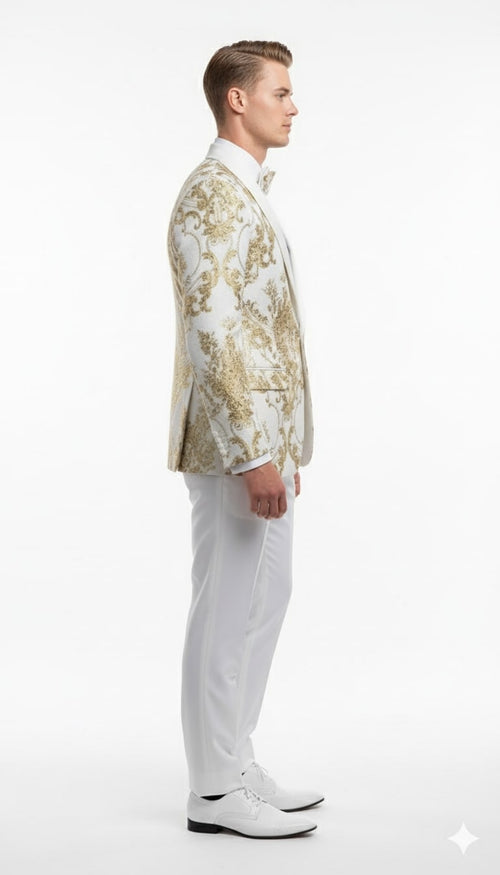 White jacket, tuxedo style with gold floral patterns & satin lapel. Tailored, body-hugging cut. Chic and elegant design.

