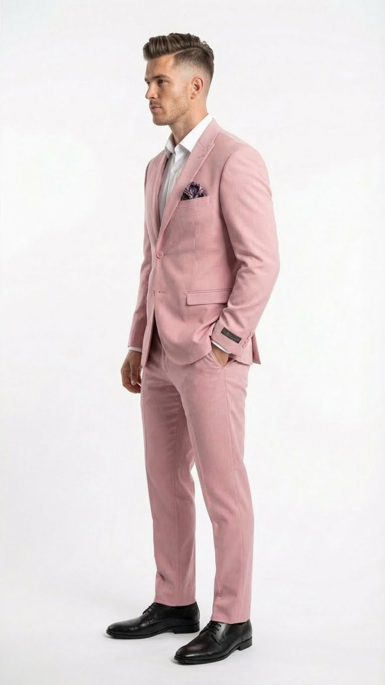 The vitali brand modern fit men’s light pink formal suit features a tailored jacket with a single-button closure, a matching pair of slim-fit trousers, and a pink floral pocket square.