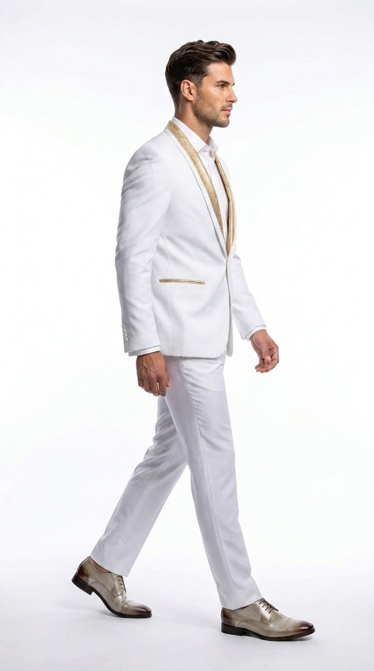 Men’s White and Gold Lapel 2-Piece Tuxedo Suit with Gold Glitter Shawl Lapel – Wedding, Prom and Dinner Jacket
