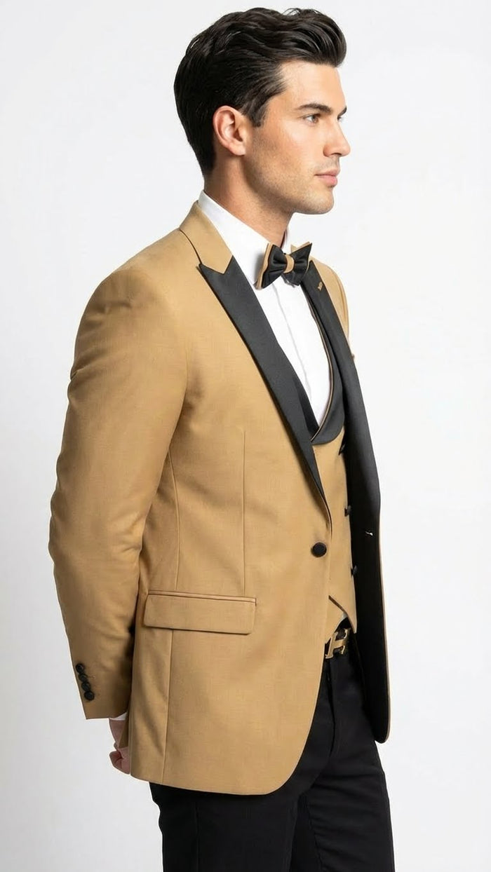 Men's Dark Camel Tan Khaki and Black Great Gatsby Tuxedo Suit - Vintage 1920s Formal Wedding, Party and Event Wear