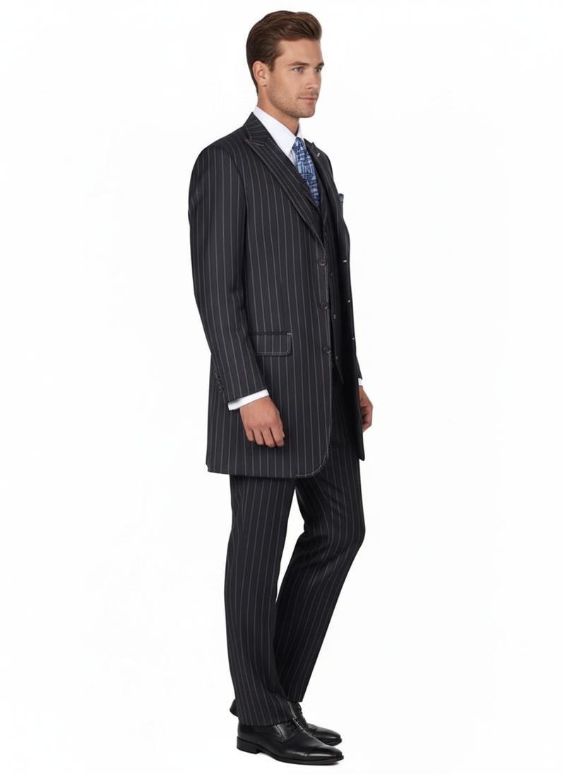Men's navy pinstripe three-piece suit: tailored fit, long jacket, vest, and trousers. A classic, sophisticated ensemble.

