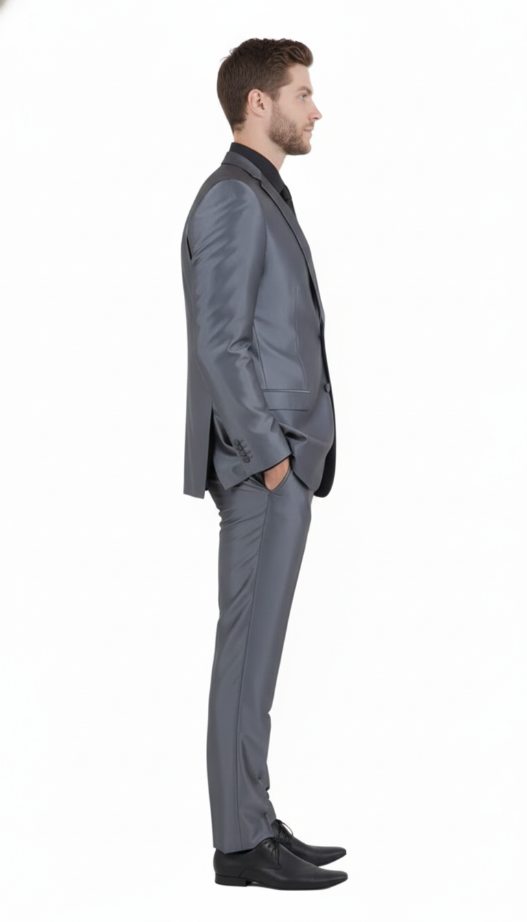 Men's dark grey slim-fit two-piece suit. Features a shiny, smooth fabric formal jacket with notched lapels and tailored pants for a polished look.

