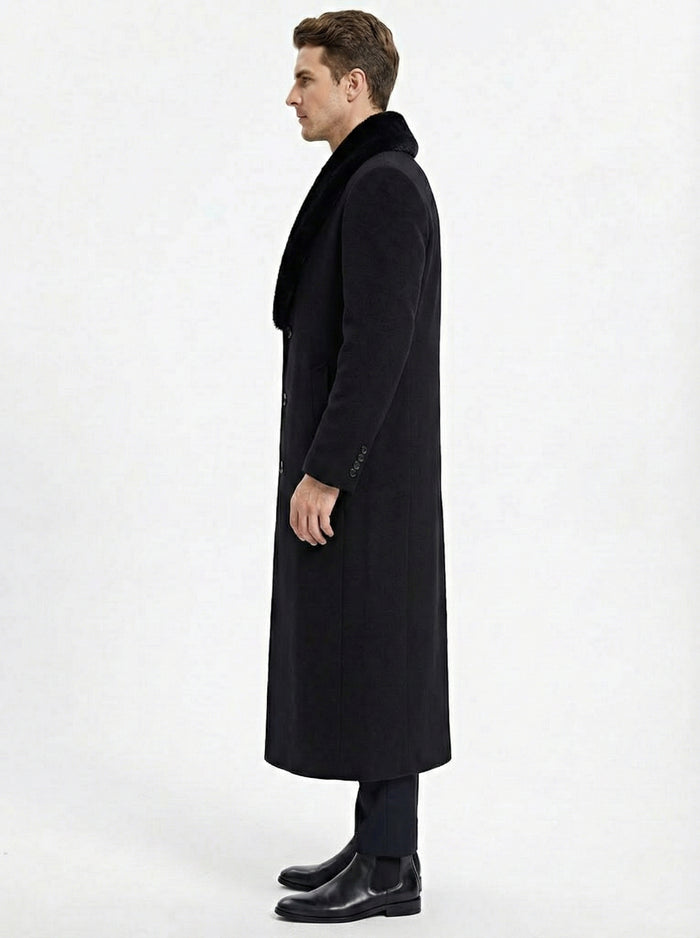 Mens Black Long Overcoat with Faux Fur Collar, Full Length Winter Topcoat for Formal and Business Wear