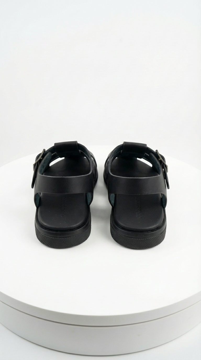 Mens Black Leather Sandals – Buckle Strap Casual Summer Shoes Breathable Open Toe Comfort Footwear