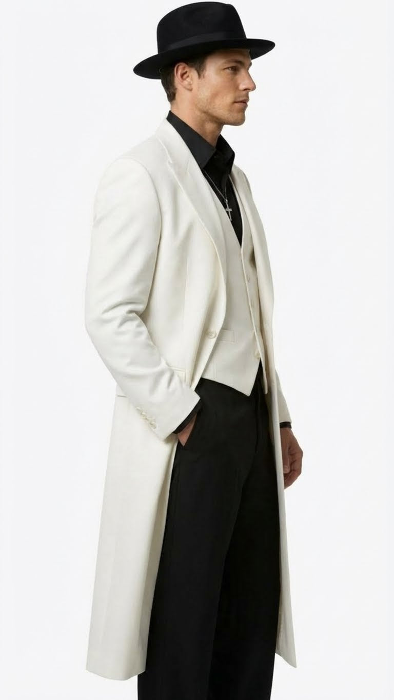 Mens White Long Zoot Suit Costume Set with Black Pants - Wedding, Prom and Party Outfit 1920s - 1930s Gangster Style