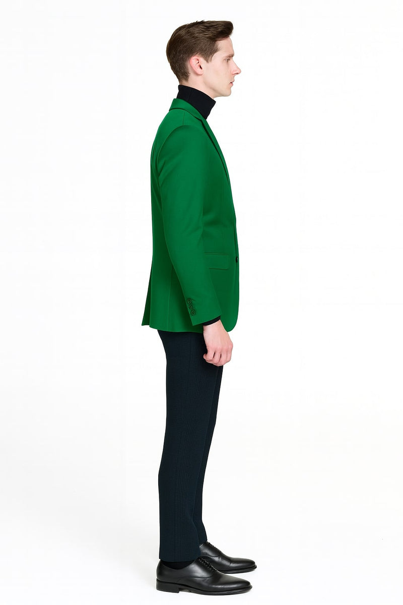 Alberto Nardoni men's green blazer: tailored fit, single-breasted, structured fabric. Features notched lapels, two front pockets, tapered sleeves with cuff buttons. Solid vibrant green.
